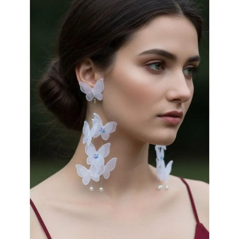 White Lace Butterfly Pearls Tassel Earrings NWT